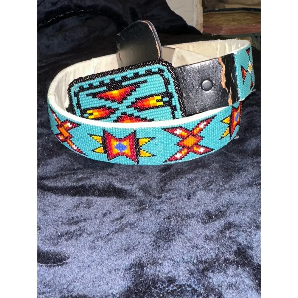 VINTAGE NATIVE TURQUOISE BEADED LEATHER BELT & MATCHING BUCKLE
